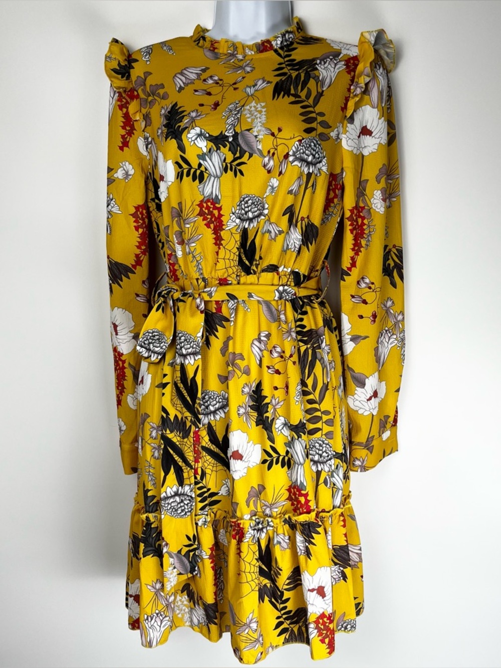 Floral Ruffle Belted Midi Dress - Mustard Yellow Hippie Boho Small